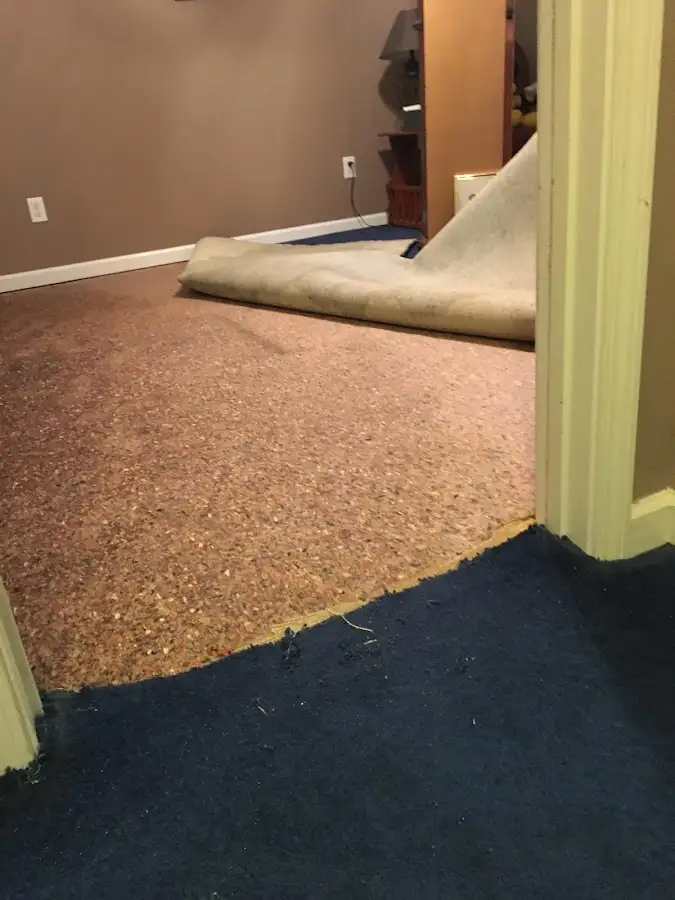 Carpet pad removal revealing water damage during Drying & Dehumidification in Charleston